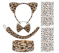 CARxlythic Set de 5 piezas de leopardo: Tatuajes temporales, Diadema, Cola, Pulsera, Moño, para niños, fiestas de Halloween y Carnaval