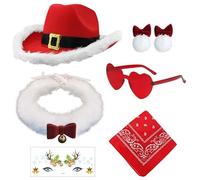 CARxlythic Sombrero de vaquera occidental rojo, 6 piezas, diseño de Papá Noel, con ala blanca, gorro festivo de Papá Noel, para fiestas occidentales y disfraces navideños para hombre y mujer