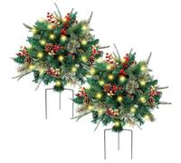 Carylozet Arbustos artificiales iluminados para decoración de porche de Navidad, planta de tierra verde LED a pilas, relleno de urna festiva de 54 cm, resistente a la intemperie (2 hojas de PE)