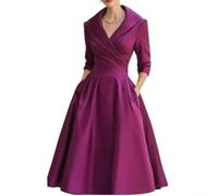 Carylozet Elegante vestido de cóctel de satén con cuello vuelto | Silueta acampanada, diseño de manga larga, cuello abatible, patrón de color sólido, corte de longitud media
