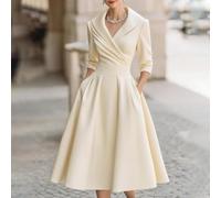 Carylozet Elegante vestido de cóctel de satén con cuello vuelto | Silueta acampanada, diseño de manga larga, cuello abatible, patrón de color sólido, corte de longitud media