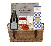 Casa 1919 | Cesta de regalo gourmet | Espaguetis artesanales Alica 500 g | Vino blanco Lugana Ca' dei Frati 750 ml | Pasta de tomate 500 g | Almendras tostadas 30 g | Embalaje navideño