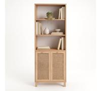 Casa Basics Librería Estantería Alta de 180 cm con 3 Niveles Abiertos y Armario Inferior, 2 Puertas con Frentes de Yute, Patas de Haya, para Salón y Oficina, 69,5 x 32 x 180 cm Colección Dune