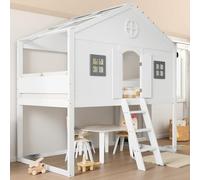 Casa Cama con Escalera, protección Infantil contra caídas y barrotes, Dos Ventanas Grises, Pino Marco de Cama con somier de diseño Libre, Blanco+Gris