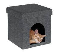 Relaxdays Cama Cueva para Gatos con Taburete, Escondite con Cojín Gatitos, Perros Cachorros, 38,5 x 37 x 37 cm, Gris