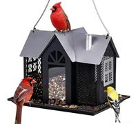 Casa de alimentación solar colgante para pájaros en metal con acabado impermeable, a prueba de ardillas y gran capacidad para cardenales y pinzones dorados, alimentador de doble función y luz nocturna