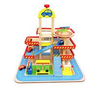 CASA DE Aparcamiento para Niã‘Os Balinco, Aparcamiento con 3 Plantas, Ascensor, taquilla, Lavado de Coches, gasolinera, 4 Coches, helicóptero - Juguetes de Madera a Partir de 3 años