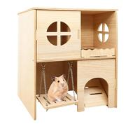 Casa de conejillos de indias de 2 plantas, escondite con escalera y columpio, casa de hámster de madera, plataforma de hámster, casa extraíble para chinchilla, hámster, conejo (22,5 x 15 x 28 cm)