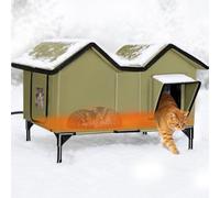 Casa de gatos con calefacción para gatos exteriores, gran refugio de invierno aislado a la intemperie con almohadilla térmica de tamaño completo, exterior de malla de PVC y puerta de escape para gatos