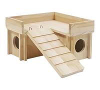 Casa de hámster de madera con escalera, escondite de túnel de laberinto de roedores multicámara, plataforma superior abierta, casa de juegos de madera de pino, hábitat de diseño de castillo para