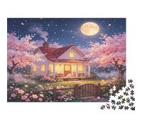 Casa de Jardín Puzzle de 1000 Piezas Papel para Adultos Noche de Cerezos en Flor Bajo la Luna Juego de Puzzle 1000 Piezas Familia Relajación 70x50cm/1000pcs