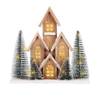 Casa de Madera con Luces LED, Pueblo Navideño con Temporizador, 32 x 30 cm, Decoración de Mesa de Navidad, Luz Blanca Cálida, Funciona con Pilas, Decoración de Adviento