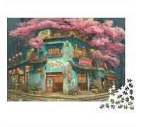 Casa de Madera Entre Cerezos - Puzzle 1000 Piezas Calle de Cerezos Faroles Cartón para Familias Actividades Familiares 52x38cm