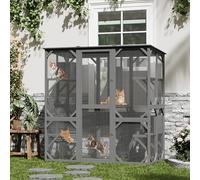 Casa de madera para gatos para interior o exterior, gran recinto para gatos para 2-4 gatos, 173 x 93 x 178 cm, jaula catio con casas, plataformas de salto, columna de sisal, una puerta corredera, cama