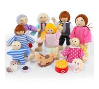 Casa de Muñecas con 13 Piezas de Madera, Familiar con Figuras Flexibles, Perro, Gato y Accesorios