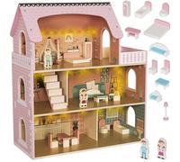 Casa de muñecas de Madera Grande con luz LED cálida - 3 Plantas, 5 estancias y balcón - con Muebles y Accesorios - 70 cm - Juguete Creativo para niñas y niños - KRUZZEL