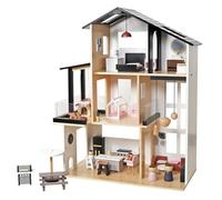Casa de muñecas de madera, moderna villa urbana con 49 piezas, juego de muebles, frente abierto con 3 plantas jugables y exterior