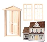 Casa de muñecas en miniatura 1:12 Puerta de madera + 2 ventanas para manualidades DIY decoración de interiores regalo creativo para jóvenes y adultos