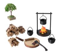 Casa de muñecas Fogata a escala 1:12, accesorios con ollas de hierro y fuego de madera para escenas al aire libre, accesorios realistas en miniatura