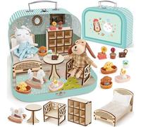 Casa de Muñecas Maletín Portátil con Accesorios, Mini Casa DIY con Gato y Perro de Peluche, Muebles de Madera, Juego de rol, Regalo de Cumpleaños/Navidad para Niños y Niñas Desde 3 Años