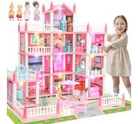 Casa de Muñecas para Niñas, 11 Habitaciones de 4 Pisos con 4 Muñecas y Accesorios de Mobiliario y Luces Intermitentes, Casa de Muñecas Princesa Juguetes Regalo para 3 4 5 6 7 8 Años de Edad