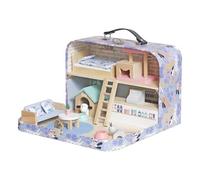 Casa de muñecas portátil en maletín violeta, casa de juegos de madera de 2 pisos con escalera y accesorios pastel encantadores | Juego completo para niños, peso de 1000 g, ideal para viajes