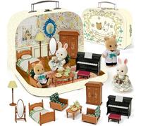 Casa de Muñecas Tipo Maletín Muebles Accesorios DIY in Miniatura Dollhouse with 2 Muñecos Flexibles Piano Muebles in Dormitorio Regalo Juguete Toy Gifts para Niños Niñas a Partir de 3 Años