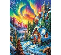 Casa de Navidad con Auroras boreales Rompecabezas 300 Piezas Cartón Grueso para Mayores Noches Juegos Familiares Estimulación Mental Regalo San Valentín 300 PCS