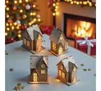 Casa de Navidad de madera LED de 10 cm para colgar, incluye batería, juego de 4, decoración de pueblo navideño con iluminación en blanco cálido, decoración de Navidad, Adviento, casa de madera