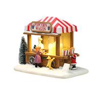 Casa de Nieve Navideña con LED y Carrito de Palomitas, Decoración de Aldea con Perrito, Adorno Resina 7.09x4.92x5.91 pulgadas