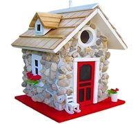 Casa de pájaros colgante de imitación de piedra de madera, casa de pájaros, comedero de colibrí, estatuas de jardín de resina, hechas a mano, para exteriores, con techo, balcón, decoración de jardín