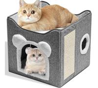 Casa Gatos Interior con Tabla Rascador, Bola Esponjosa Colgante y Alfombra, Cama Gato Cueva Plegable 2 Capas 38x39x39cm, Casitas Escondite Casita Gatos para Pequeños Animales Cachorros Tomar (Gris)