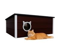 Casa grande para gatos aislada de madera de pino con techo de betún, 73,5 x 52,5 x 38 cm, resistente a la intemperie, cálida y espaciosa, para 2 gatos, incluye cortina (color 8)