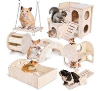 Casa Hamster: 7 piezas juguete de hámster accesorio, juguetes para mascar, juguetes de escalada, puente y columpio, casa de madera para Chinchilla