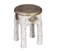 Casa Moro Hiya MA13-25W - Taburete Oriental Bajo (altura 45 x diámetro 34 cm, redondo, de madera maciza de mango con intarsias de latón), color blanco
