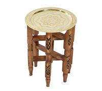 Casa Moro - Mesa de té Oriental, Mesa Auxiliar marroquí con Bandeja de latón de 30 cm de diámetro, Mesa de Madera Hecha a Mano, Mesa Plegable con Bandeja de Servir, Color Oro Karam 30