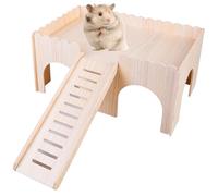 Casa para conejillos de indias con rampa de 4 entradas, accesorio de madera para roedores, hámster, conejo, 38 x 25 x 18 cm