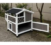 Casa para gatos al aire libre, refugio para gatos de 2 pisos para interiores y exteriores con puerta de escape, techo de asfalto extraíble y balcón para gatos callejeros y salvajes