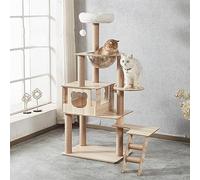 Casa para Gatos, árbol para Gatos, Torre Moderna para Gatos de 55" con condominio para Gatos, Caja de Arena de Madera con Gran Percha Superior Transparente para Gatos Grandes o gordos