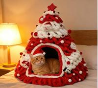 Casa para gatos con árbol de Navidad, cama roja y blanca para mascotas con decoraciones de Papá Noel y estrella
