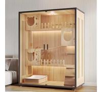 Casa para gatos de interior con ruedas bloqueables, villa de madera para gatos, vidrio templado, espacioso condominio para uso en interiores y exteriores