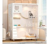 Casa para Gatos de Madera de 3 Niveles, Villa Grande en Esquina para Gatos, condominio para Gatos con múltiples Funciones con Puerta de Escape, Villa Grande de Madera para Gatos con Ruedas,
