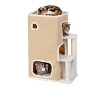 Casa para Gatos Relaxdays 3 Niveles, Cueva con Pelota y Poste rascador sisal, 83,5x43x34 cm, Interior, poliéster, Beige