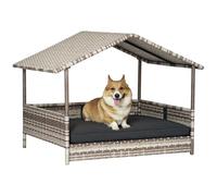 Casa para Perros PawHut de ratán con cojín, Cama para Perros en Forma de casa, caseta para Perros de Exterior, Estructura de Acero, plástico, Gris, 69 x 98 x 70 cm