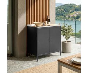 casa.pro Armario Exterior Bolognano con Patas Nivelables 1 Estante Interior para Terraza Jardín Uso Interior y Exterior Almacenaje en el Jardín 92 x 80 x 50 cm Acero - Negro/Plateado