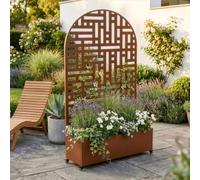 casa.pro Biombo Bernalda con Jardinera Arco Redondeado 190x120x38cm Marrón | Separador de ambientes tabique exterior interior pantalla de privacidad móvil 4 ruedas jardín terraza balcón acero