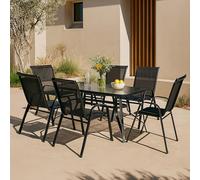 casa.pro Conjunto de Muebles de Jardin Exterior 7 Piezas Muebles de Terraza con 1 Mesa de Comedor 6 Sillas con Reposabrazos Acero Cristal Templado Textileno 70 x 140 x 70 cm - Negro