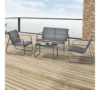 casa.pro Conjunto de Muebles de Jardin Exterior Anzi de 4 Piezas 1 Mesa de Centro 1 Sofá de 2 Plazas y 2 Sillas con Reposabrazos Muebles de Terraza Acero Vidrio Templado Textileno - Gris y Negro