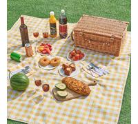 casa.pro Juego de Cesta de Pícnic Brindisi para 4 Personas con Manta Platos Cubiertos Compartimento Aislado Forro a Cuadros Correas de Polipiel Mimbre 46 x 31 x 20 cm - Blanco/Amarillo a Cuadros