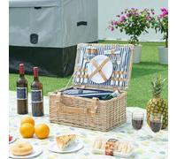 casa.pro Juego de Cesta de Pícnic para 2 Personas con Hielera Platos Cubiertos Espacio Amplio para Comida Refrescos Forro a Rayas Correas de Polipiel Mimbre 40x28x20cm - Blanco/Azul
